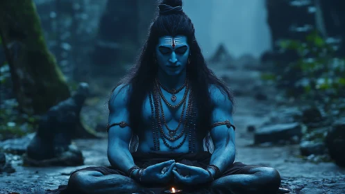 Blue ascetic meditates in misted forest shrine at dawn.