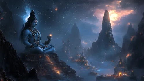 Cosmic Shiva meditates above starlit Himalayan temple realm.