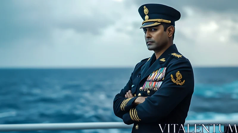 Calm naval officer gazing out over a deep blue ocean.