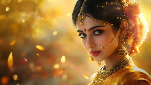 Bridal portrait in golden bokeh with ornate Indian jewelry.