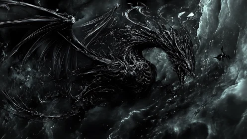 Dark metallic dragon soaring through stormy swirling void