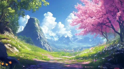 Vibrant spring valley path framed by cherry blossoms and peaks