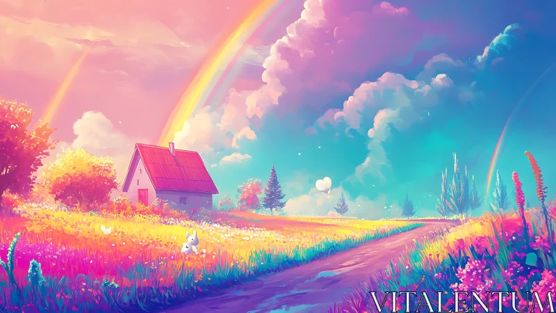 Iridescent cottage meadow under layered rainbows at dusk