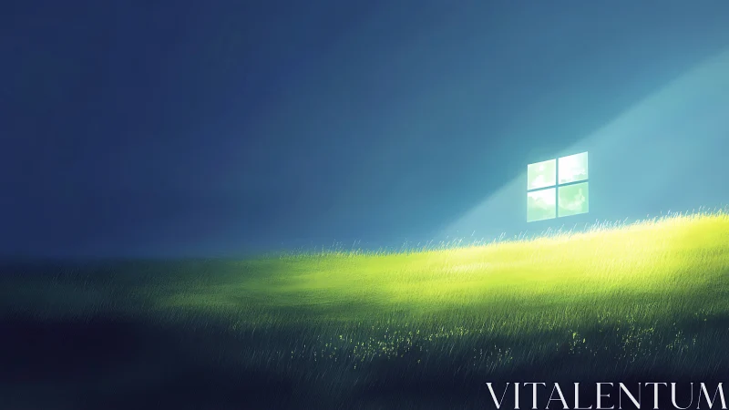 Grassland drifts into twilight while a lone window dreams