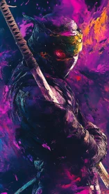 Neon‐lit cyber ninja stands amid explosive paint bursts.