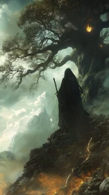 Hooded wanderer before burning world tree on cliff edge.