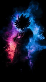 Silhouetted warrior stands within split neon cosmic aura