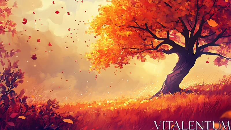 Autumn maple tree on glowing hillside under falling leaves.