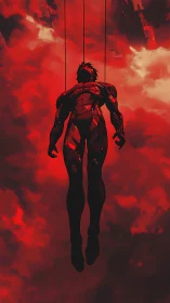 Crimson clouds suspend a cybernetic titan between wars