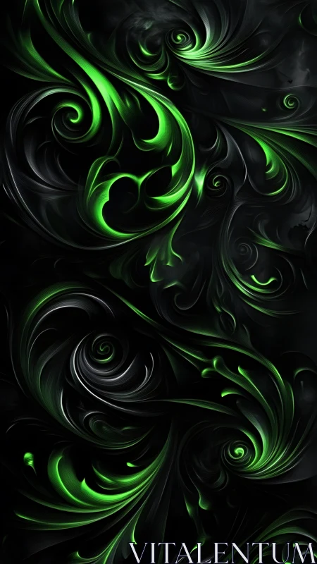Dark swirling abstract with neon green light trails.