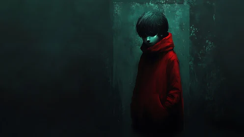 Moody child in red coat isolated by teal ambient rim lighting