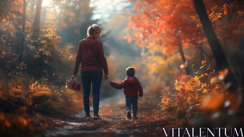 Autumn path of wonder shared by parent and child at dusk.