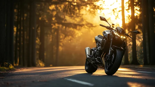 Sport motorcycle cuts forest road through golden sunrise.