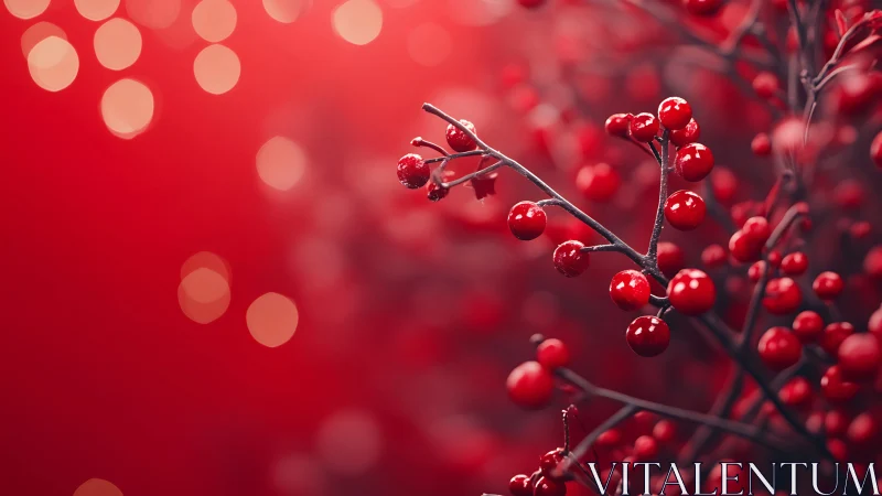Scarlet berries in festive bokeh light on crimson field.