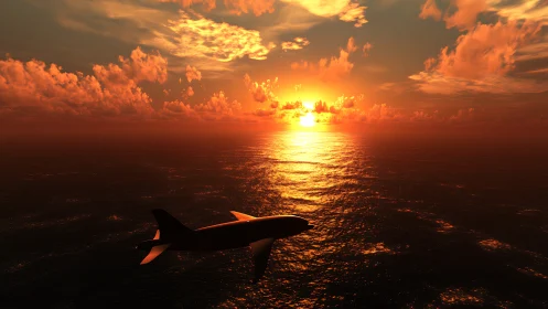 Sunbound jet gliding across a molten brass ocean sky.