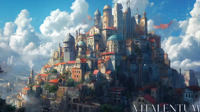 Digital painting of a terraced fantasy sky citadel at dusk.