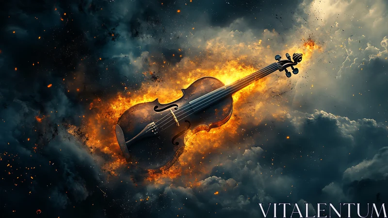 Burning violin cuts through storm clouds in vivid contrast.