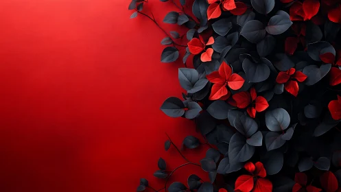 Scarlet leaves flow across deep red minimal background