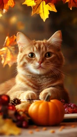 Ginger tabby cat surrounded by autumn foliage and seasonal decorations.