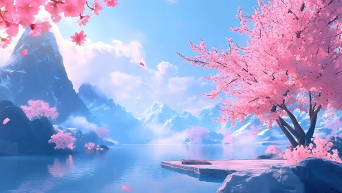 Glacial alpine lake with luminous cherry blossom canopy panorama.