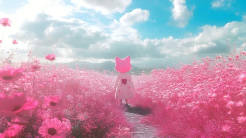 Anthropomorphic cat silhouette in hyper-saturated pink meadow.