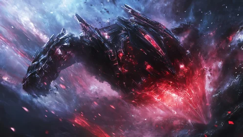 Blazing starship dives through crackling cosmic stormfire