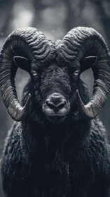 Black horned ram in direct frontal winter portrait.