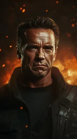 Battle-hardened soldier before blazing inferno backdrop.