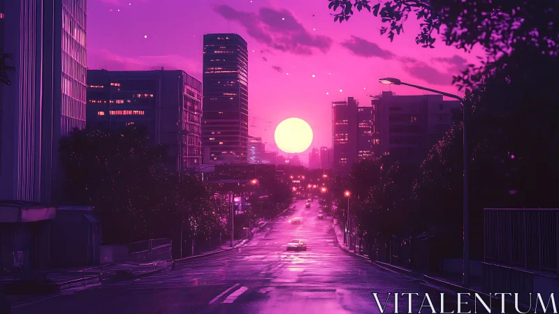 Neon dusk boulevard bathed in electric magenta sunset glow.