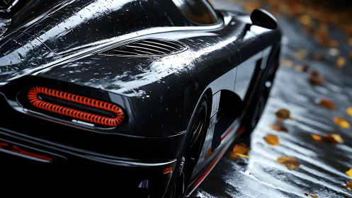 Rear carbon-fiber sports car body reflects wet roadway