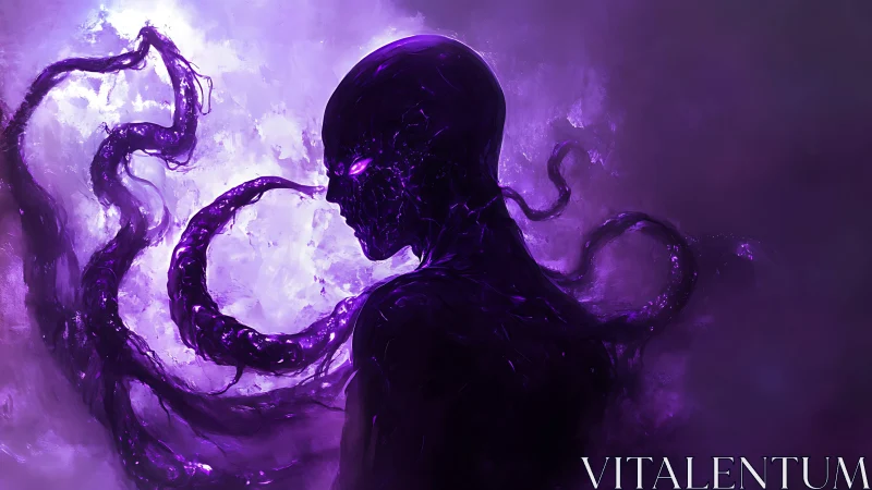 Shadowy purple entity rises calmly in swirling cosmic mist