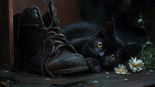 Midnight Wanderer: Black Cat Discovers Beauty Beyond Worn Leather