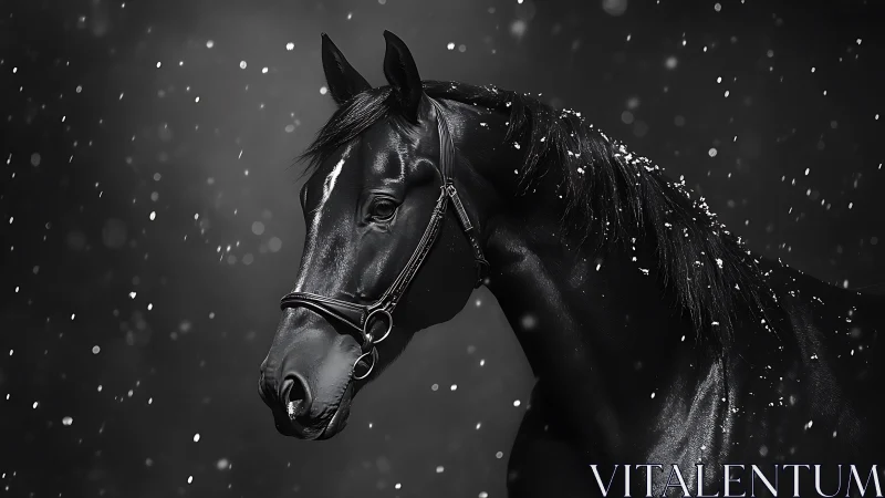 Glossy black horse in falling snow under dramatic low key lighting