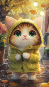 Cat in Yellow Raincoat During Autumn Rainfall