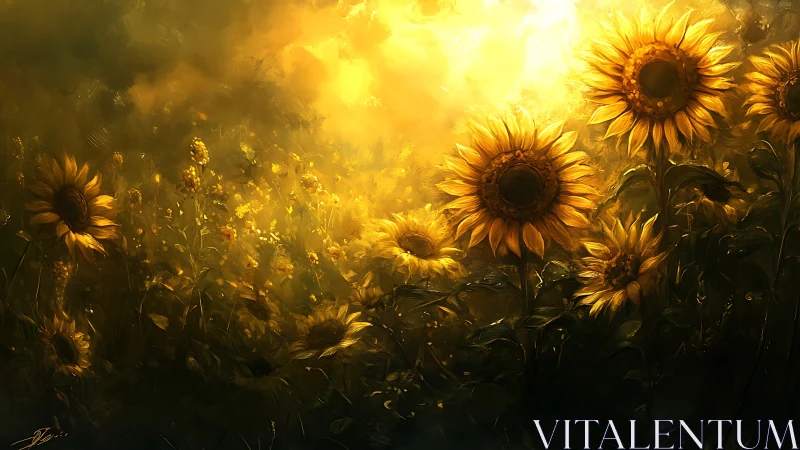 Backlit sunflower field rendered with atmospheric golden volumetric light