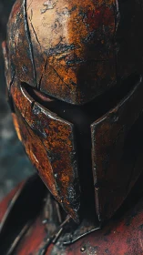 Weathered rust-steel warrior helm in dramatic close-up.