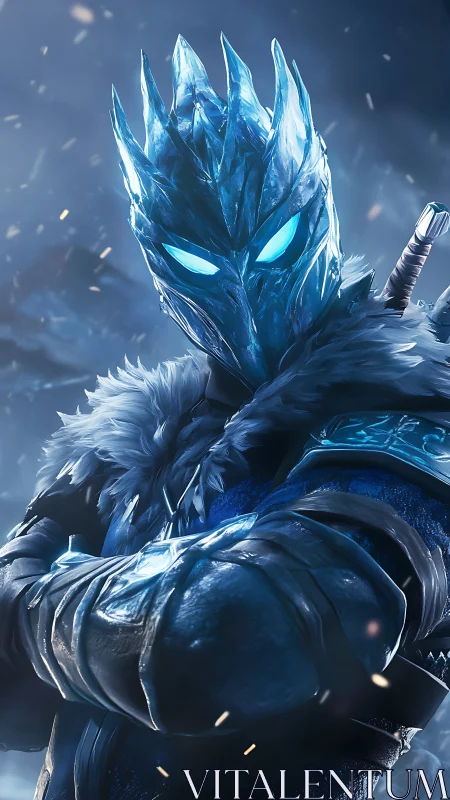 Cryogenic warrior in faceted ice helm and frosted plate armor