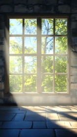 Sunlit cottage window casting soft morning floor shadows.