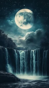 Moonlit waterfall under luminous night sky glow.