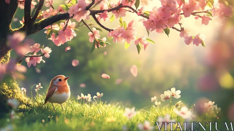 Tiny dawn troubadour beneath drifting cherry dreams.