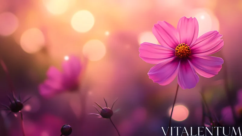 Vibrant Pink Cosmos Flower Glowing in Soft Golden Sunlight