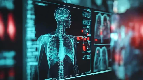 Digital skeletal scan on futuristic medical interface.