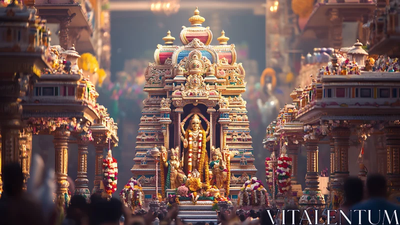Intricate temple chariot altar glows amid devotional festival