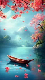 Rowboat floats on turquoise lake under pink blossom trees