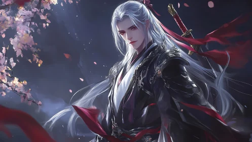 Moonlit swordsman trades cherry blossoms for crimson vows