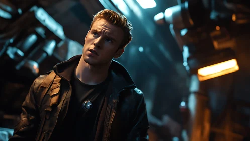 Cinematic male portrait in industrial workshop with dramatic key lighting