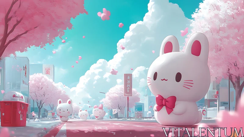 Cherry blossom bunny parade in a pastel city dreamscape.