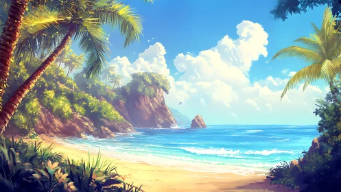 Serene Tropical Paradise Beach with Palm Trees and Ocean Views