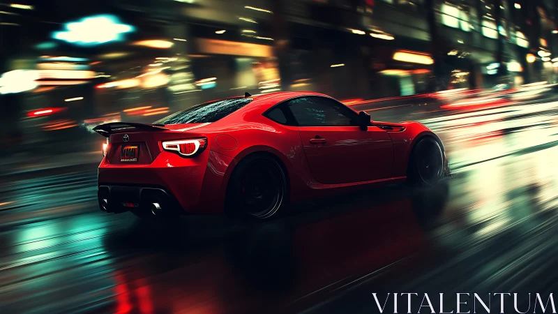 Red sports coupe accelerates through wet city streets at night