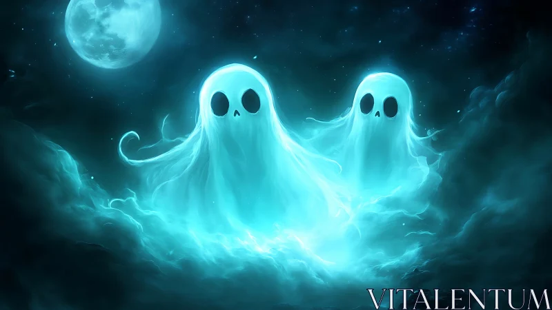 Two spectral forms float in a luminous blue nocturnal sky